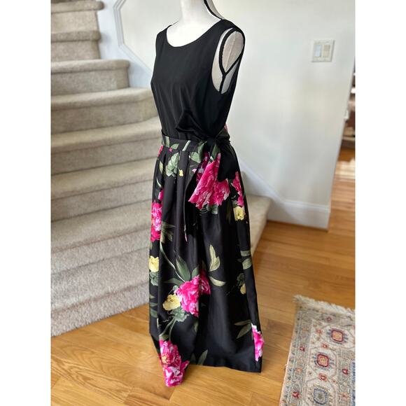 Tahari Black & Pink Floral Print A-Line Sleeveless Maxi Dress Mother of Bride - Picture 3 of 8